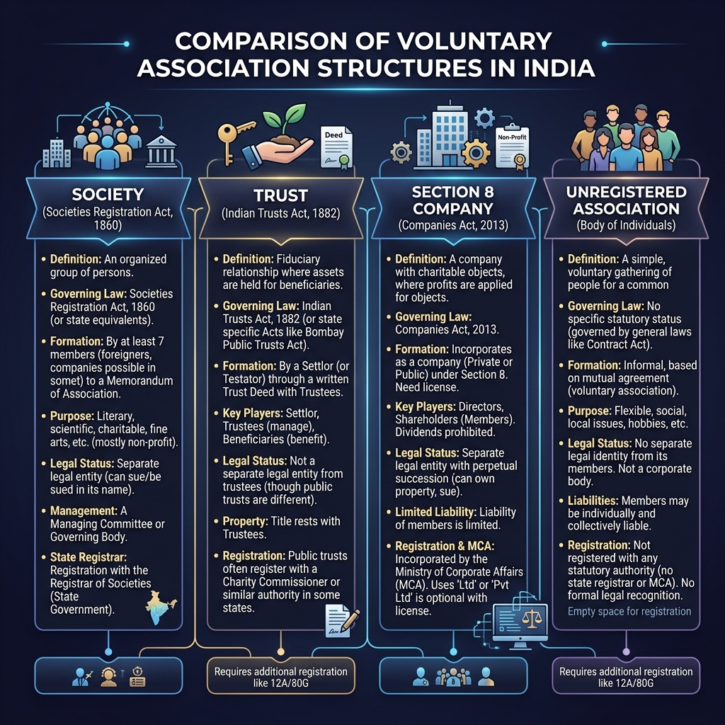 Educational diagram comparing Society, Trust, Section 8 Company, and Unregistered Association models in India