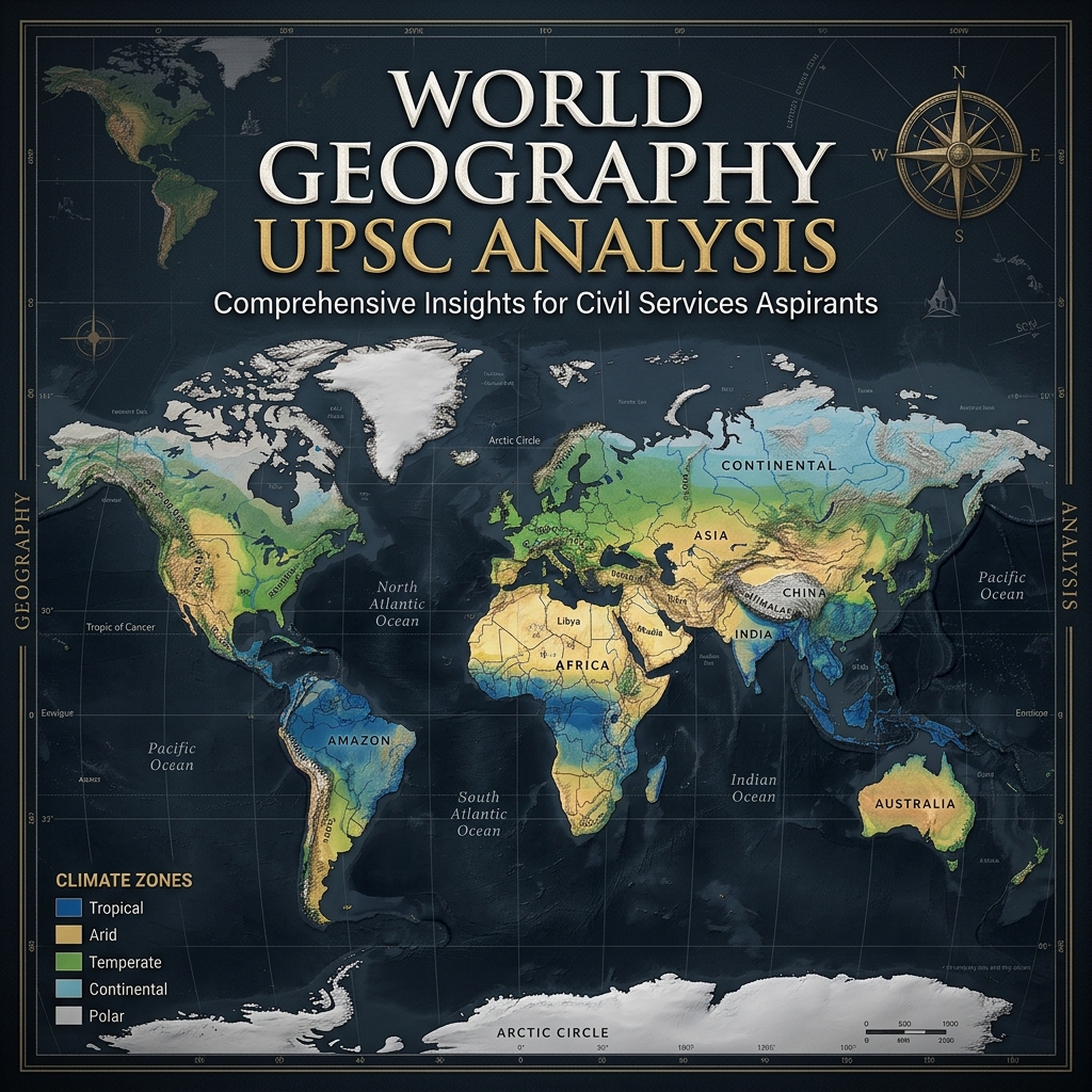 A premium dark-themed cover image featuring a world map with continental terrain, mountain ranges, climate zones, and an atlas aesthetic for World Geography UPSC analysis.