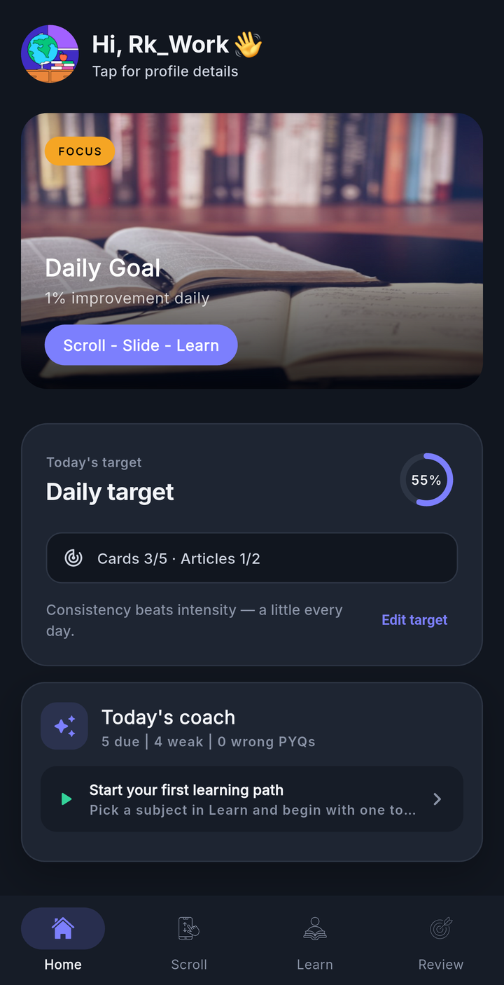 GyanGram app dashboard showing daily target and subjects